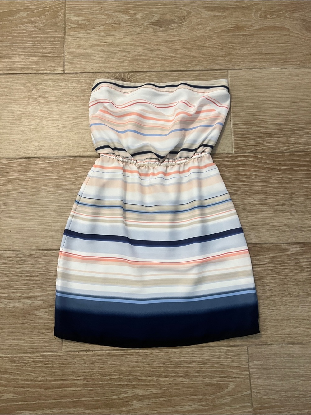 White House Black Market Strapless Dress in Navy, Coral, Cream, and Gray